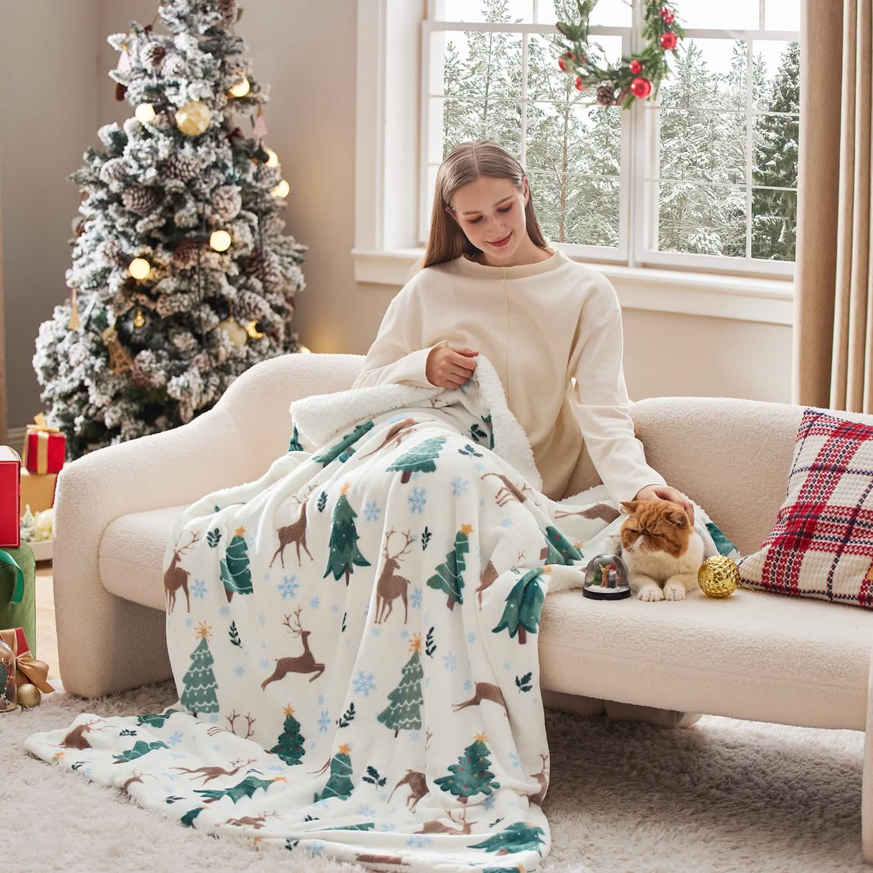 Christmas Elk White Sherpa Throw Blanket – Image 5